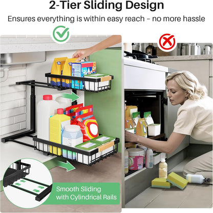 under Sink Organizer, 2 Tier under the Sink Storage, Slide Out Pull Out Cabinet Organizer Shelf, Metal Sliding Drawer for Kitchen Bathroom Pantry Closet Organization Rack, Black, 2 Pack