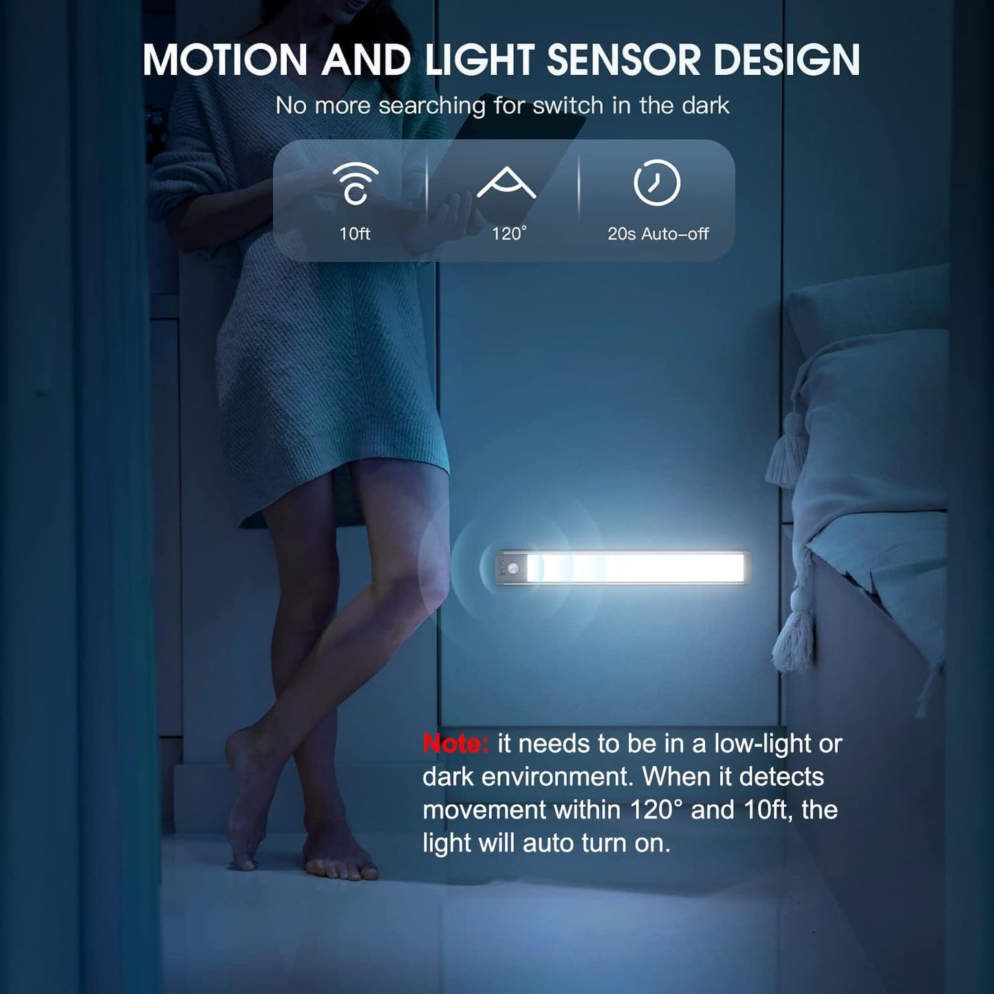10-Inch Rechargeable Motion Sensor Under Cabinet Lighting - 2 Pack, 5-Level Dimmable Magnetic Wireless Lights for Indoor Use in Kitchen and Stairs