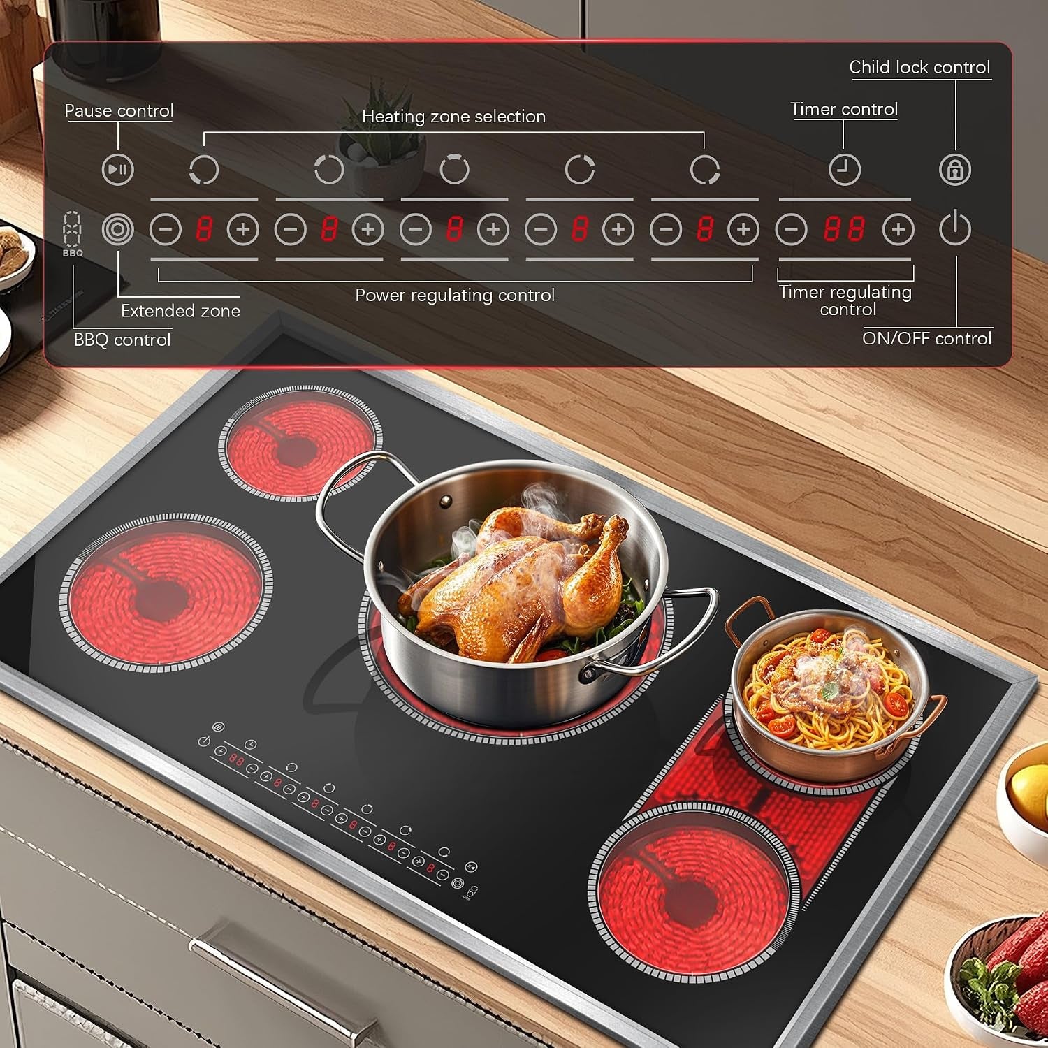 36 Inch Electric Cooktop, 5 Burner Stove Top Touch Control,220-240V | 36" Glass Ceramic Stove Top, 9600W, BBQ & Flexible Zone, Child Lock, Timer, Overheat Protection,220-240V Hard Wired (No Plug)