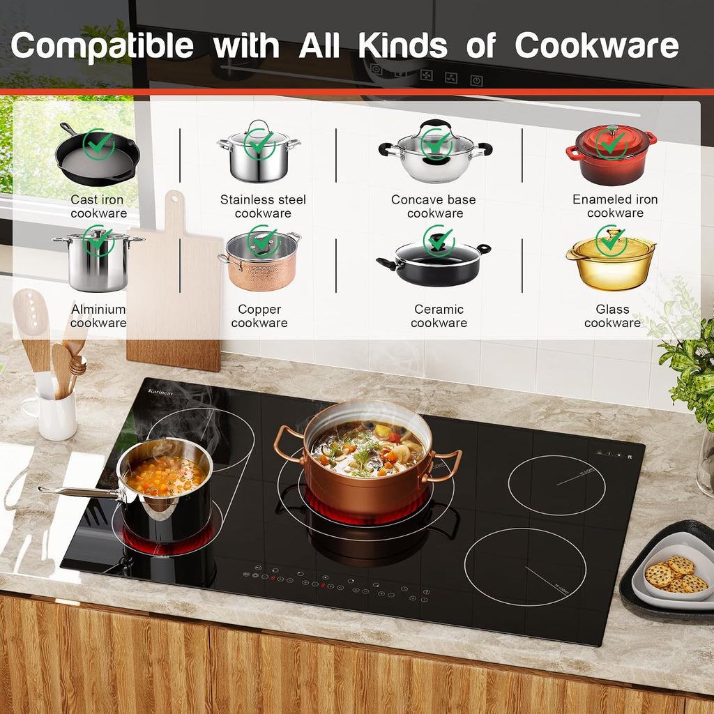 90Cm Ceramic Hob, 5 Zone Electric Hob, Flexible Bridge & Triple Ring Expandable Burners, Pause, Timer, Safety Lock, 9600W Built-In Ceramic Cooker for 220-240V Hard Wire