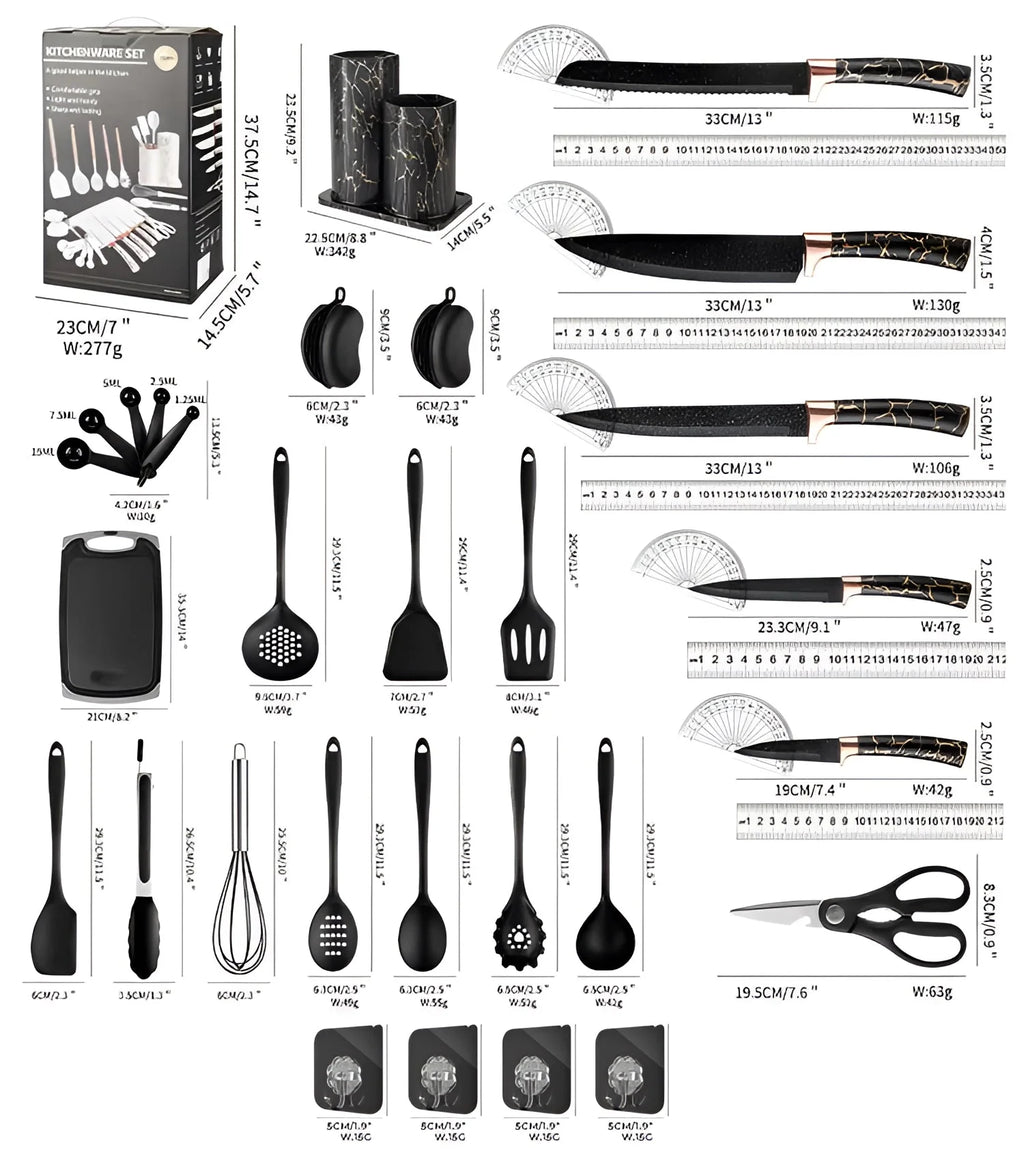 Black Marble Utensil & Knife Block Set - Gold Vein Countertop Organizer