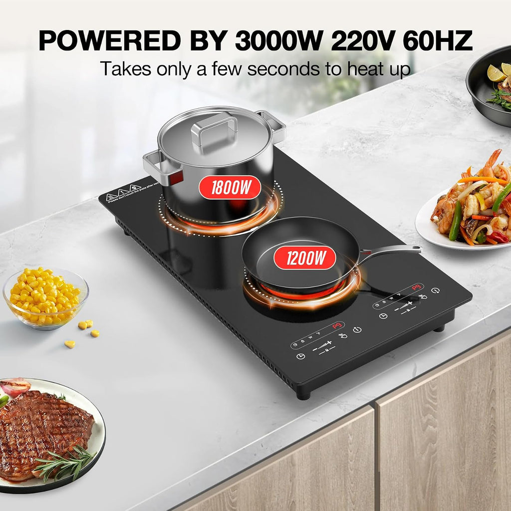 Double Ceramic Hob 3000W, Plug in 2 Ring Electric Hob with LCD Touch Control, Electric Cooktop with Safety Lock & Timer, 9 Power Levels, Built-In and Countertop 220V-240V