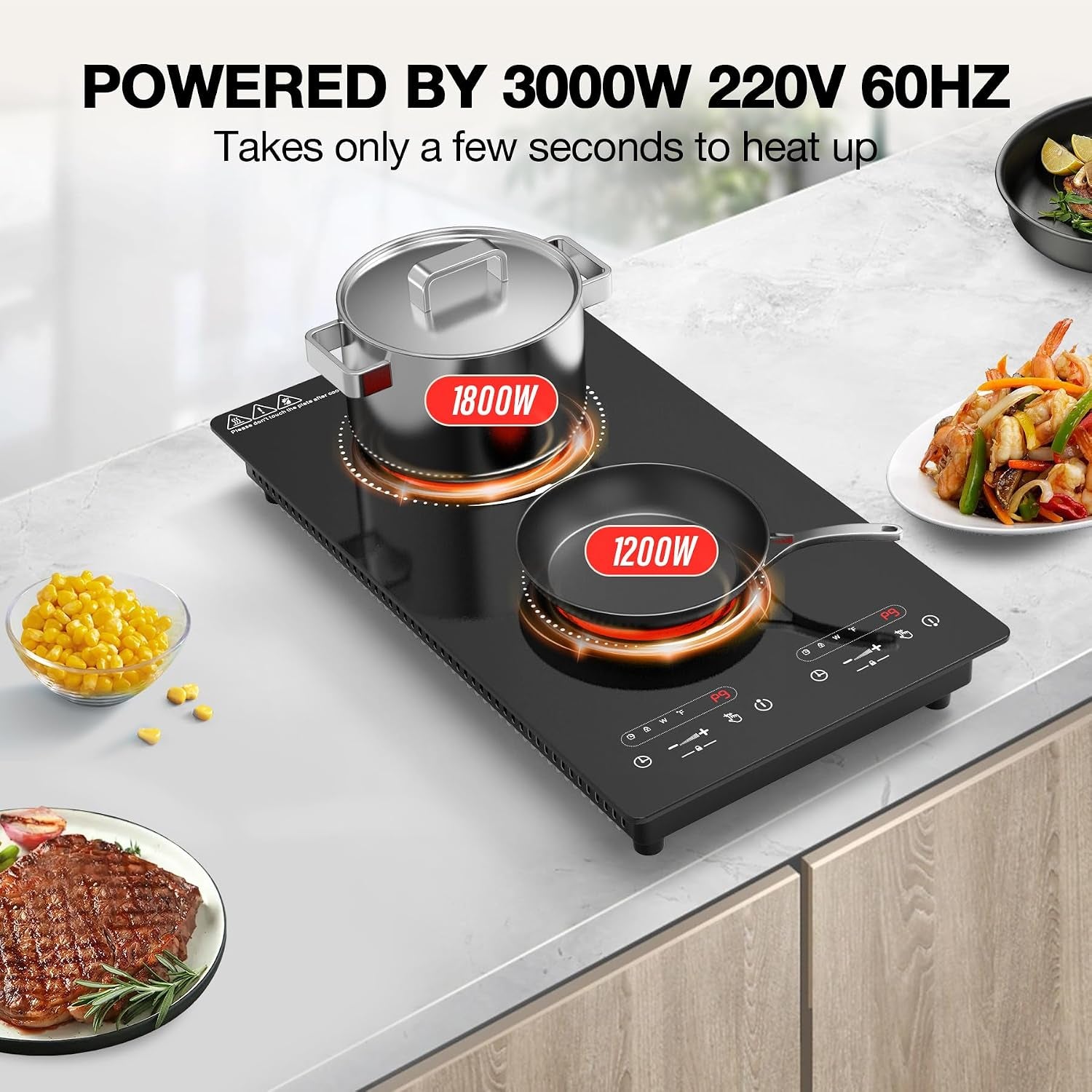 Double Ceramic Hob 3000W, Plug in 2 Ring Electric Hob with LCD Touch Control, Electric Cooktop with Safety Lock & Timer, 9 Power Levels, Built-In and Countertop 220V-240V