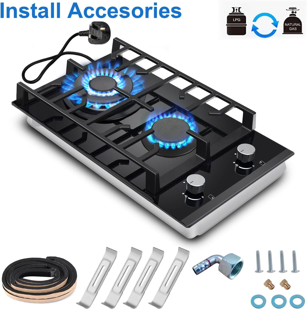 Gas Hob 2 Burners, 30Cm Built in 2 Burners Gas on Glass Hob, NG/LPG Convertible, Flame Out Protection, Cast Iron Supports, 5200W
