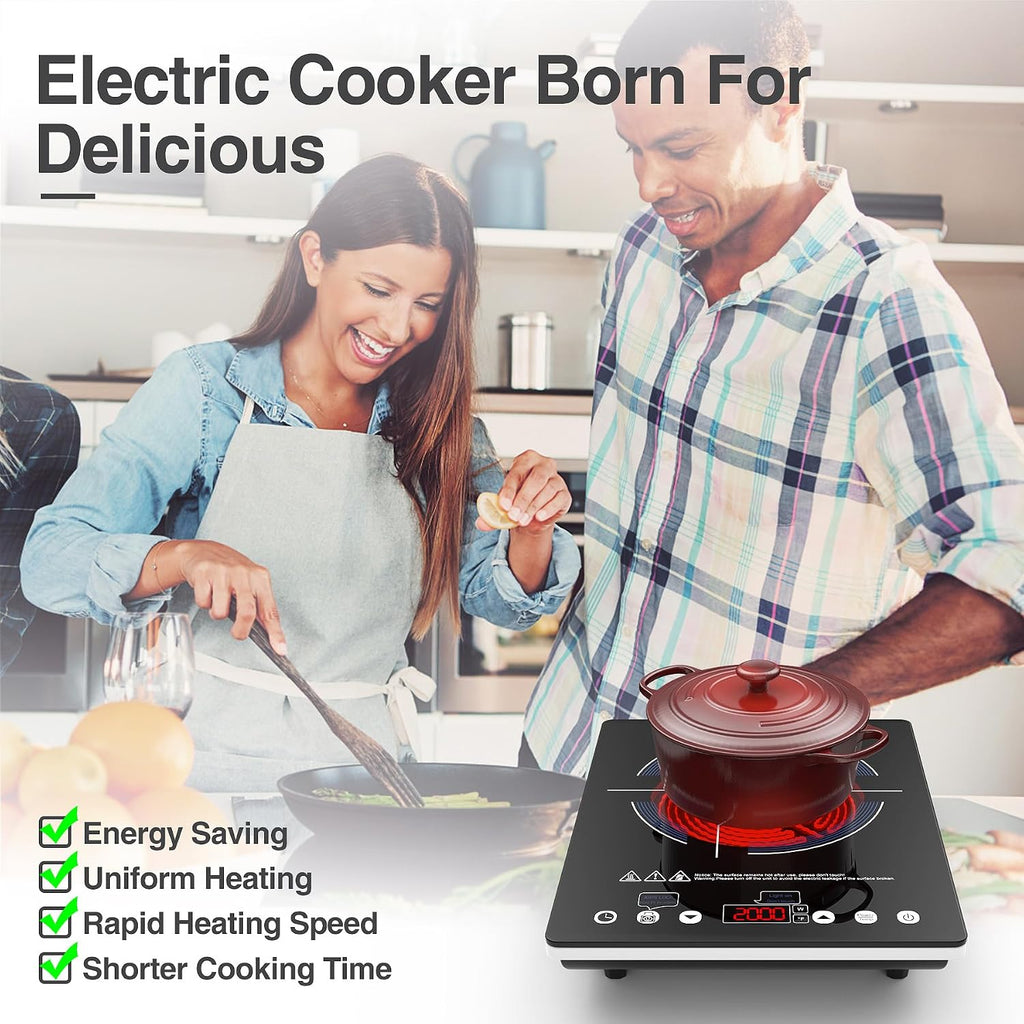 Portable Ceramic Hob 2000W, Pulg in Electric Ceramic Hob, Single Electric Hob with 4-Hour Timer, 10 Power Levels, Safety Lock & Sensor Touch, Residual Heat Remind, 220V-240V