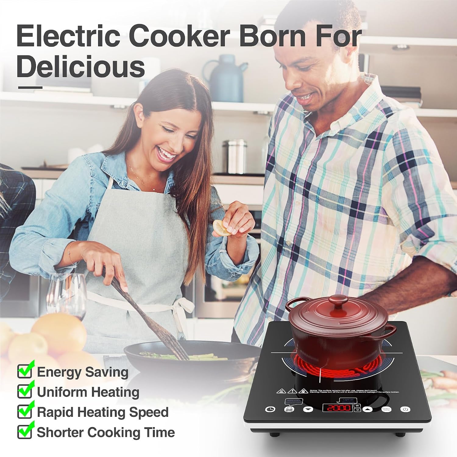 Portable Ceramic Hob 2000W, Pulg in Electric Ceramic Hob, Single Electric Hob with 4-Hour Timer, 10 Power Levels, Safety Lock & Sensor Touch, Residual Heat Remind, 220V-240V