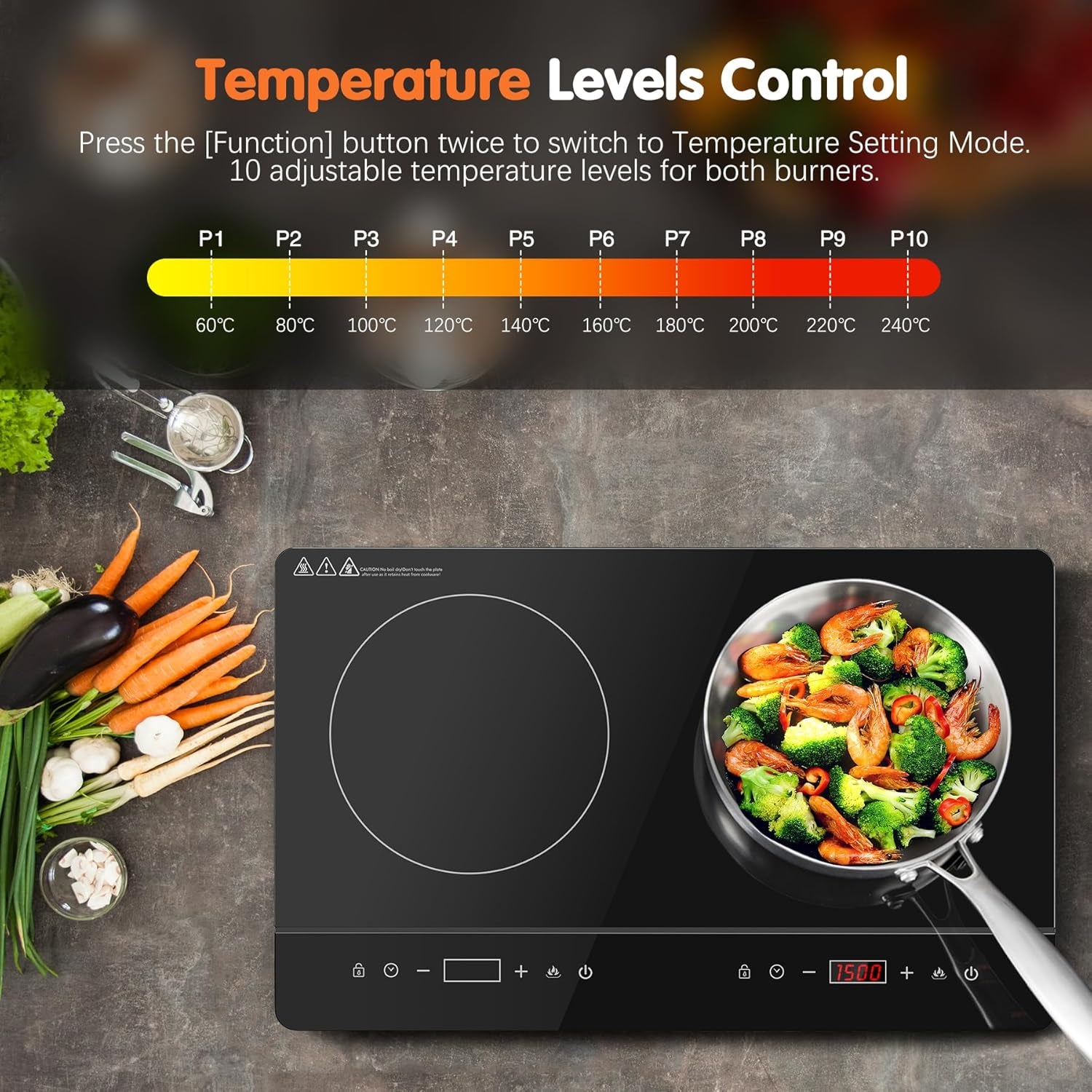 Double Induction Hob, Portable Induction Cooker, Black Glass Plate, 2800W, Independent Touch Control, 8 To10 Power Levels,10 Temperature Setting, 3 Hour Timer, Child Safety Lock, with Plug