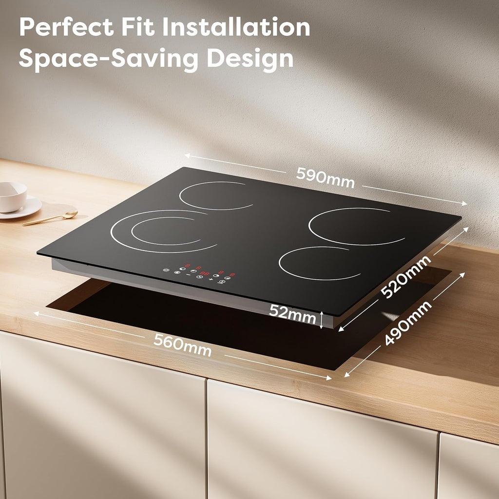 24 Inch Electric Cooktop 4 Burners 6400W Dual Heating Ring | Built-In Ceramic Radiant Stove Top with 9 Heat Levels & 99Min Timer, 220-240V Hard Wire (No Plug), Touch Control, Child Lock