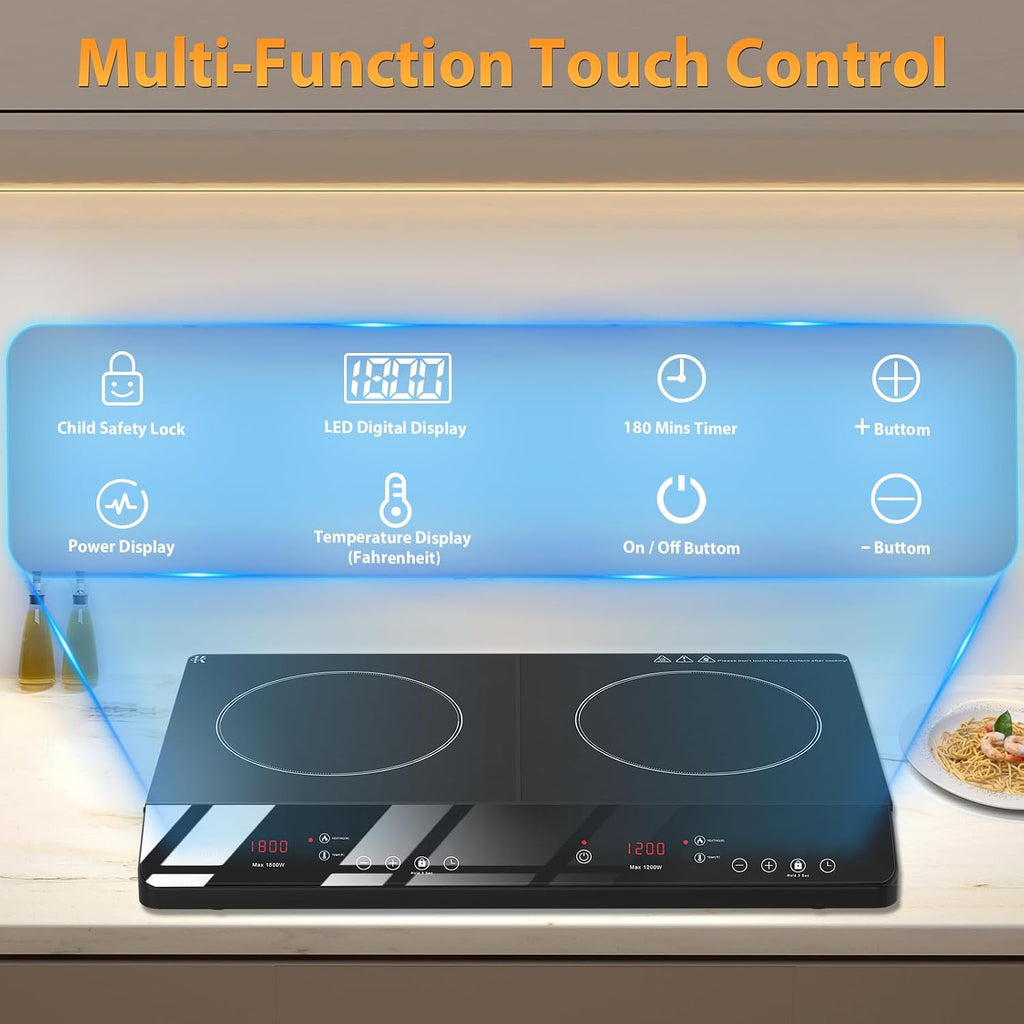 Countertop Induction Cooktop 2 Burners Stove 1800W, 110V Plug in | Double Burner Independent Touch Control, 180 Mins Timer, Child Lock, 9 Temp & Power Level Adjustable, Portable for Kitchen RV