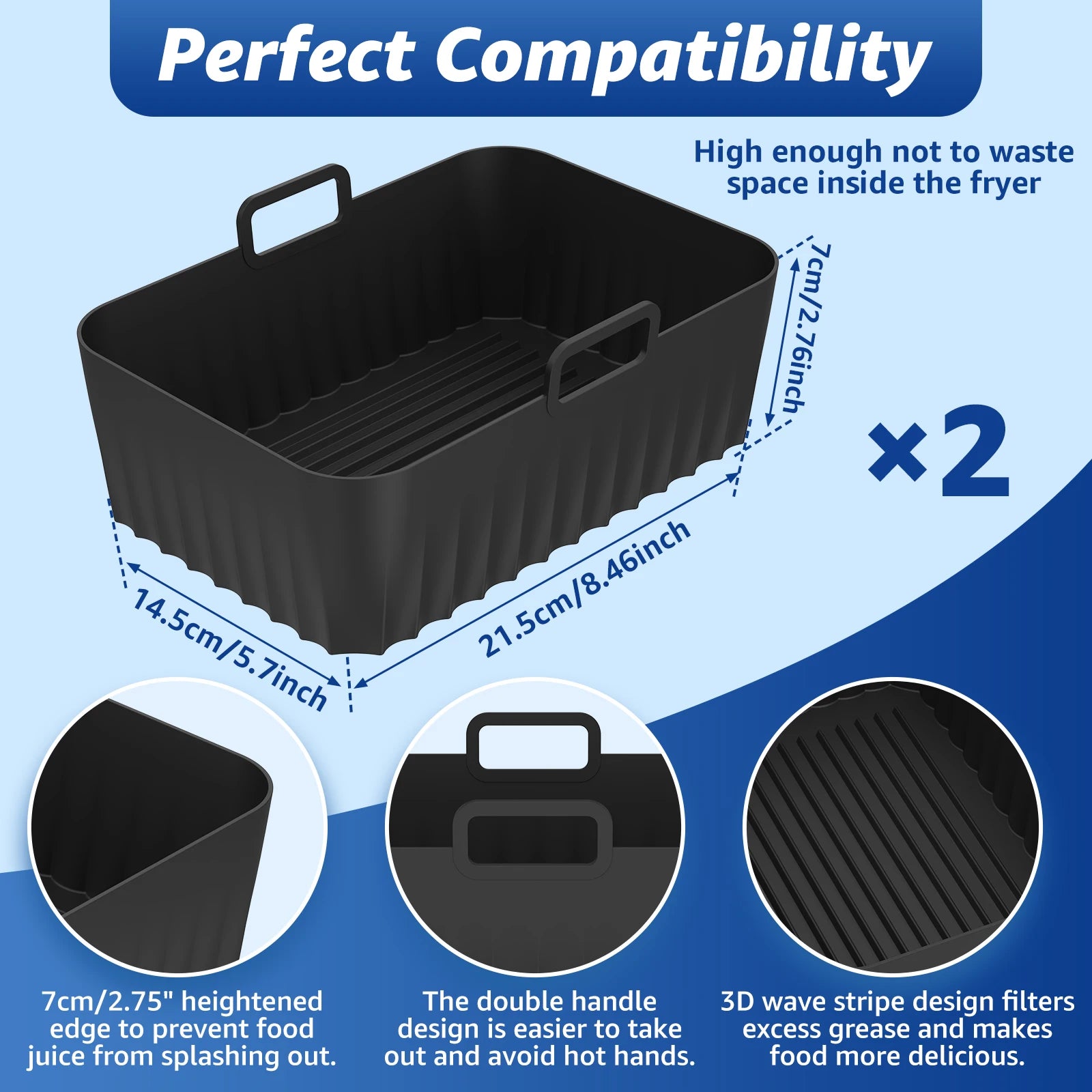 2Pcs Air Fryer Silicone Pot Air Fryer Liner Heat Resistant Air Fryer Silicone Basket Rectangle Baking Pan for Oven Microwave
