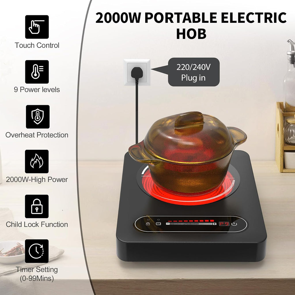 Portable Ceramic Hob, Single Electric Hob, Electric Cooker with Built-In 99 Mins Timer & 9 Adjustable Temperature Settings, Child Safety Lock, Overheat Protection, 220-240V Cooktops with Plug