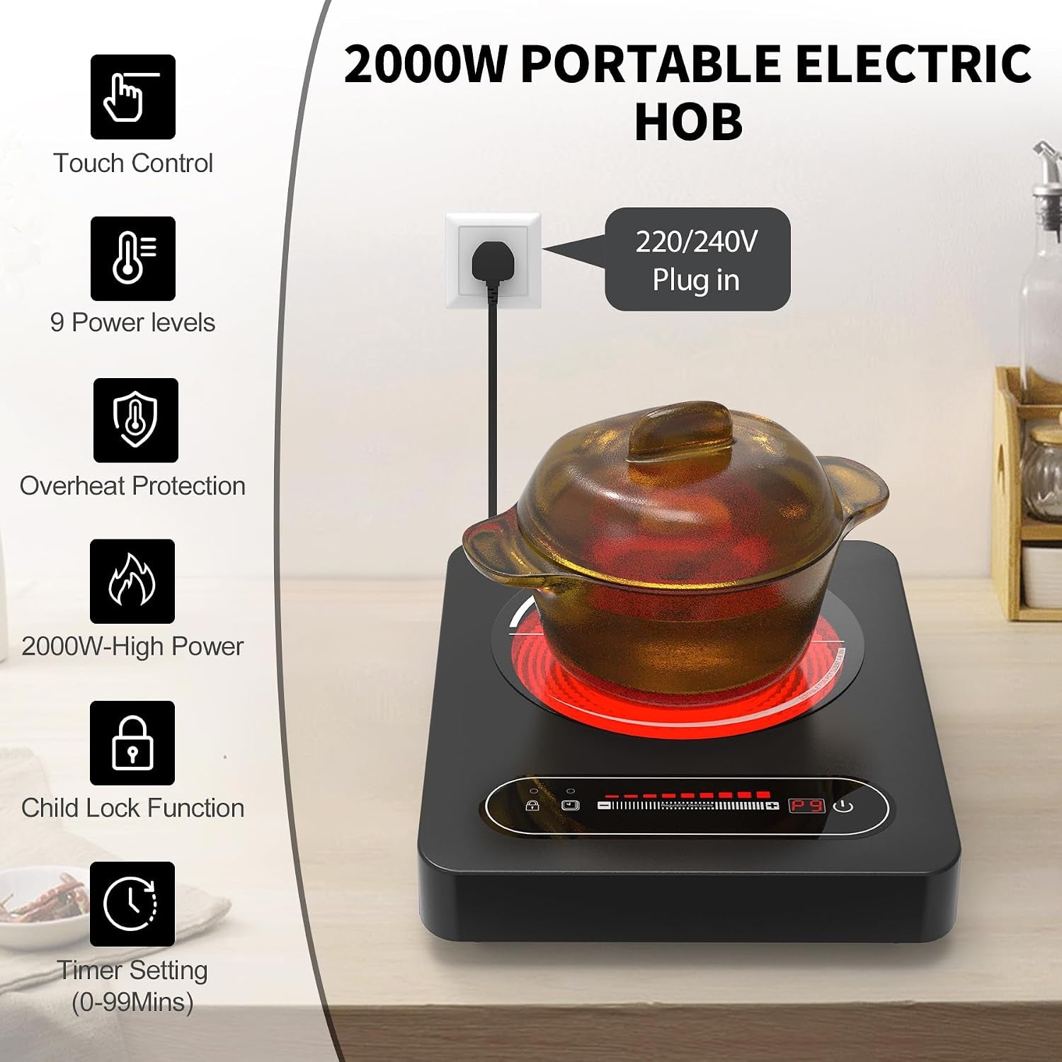 Portable Ceramic Hob, Single Electric Hob, Electric Cooker with Built-In 99 Mins Timer & 9 Adjustable Temperature Settings, Child Safety Lock, Overheat Protection, 220-240V Cooktops with Plug