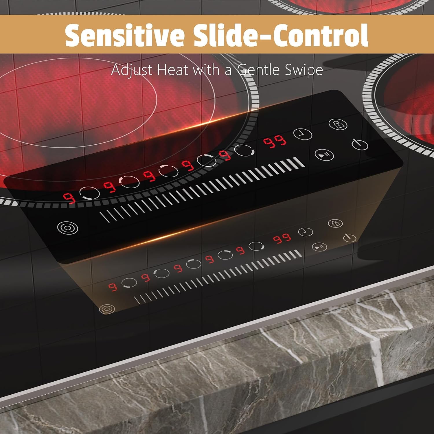 36 Inch Electric Cooktop, 5 Burner Stove Top with Slide Control | 9200W Electric Stove with Child Lock, Timer, Pause Function 36" Glass Cooktop, Sensor Touch, 220-240V Hard Wire, No Plug