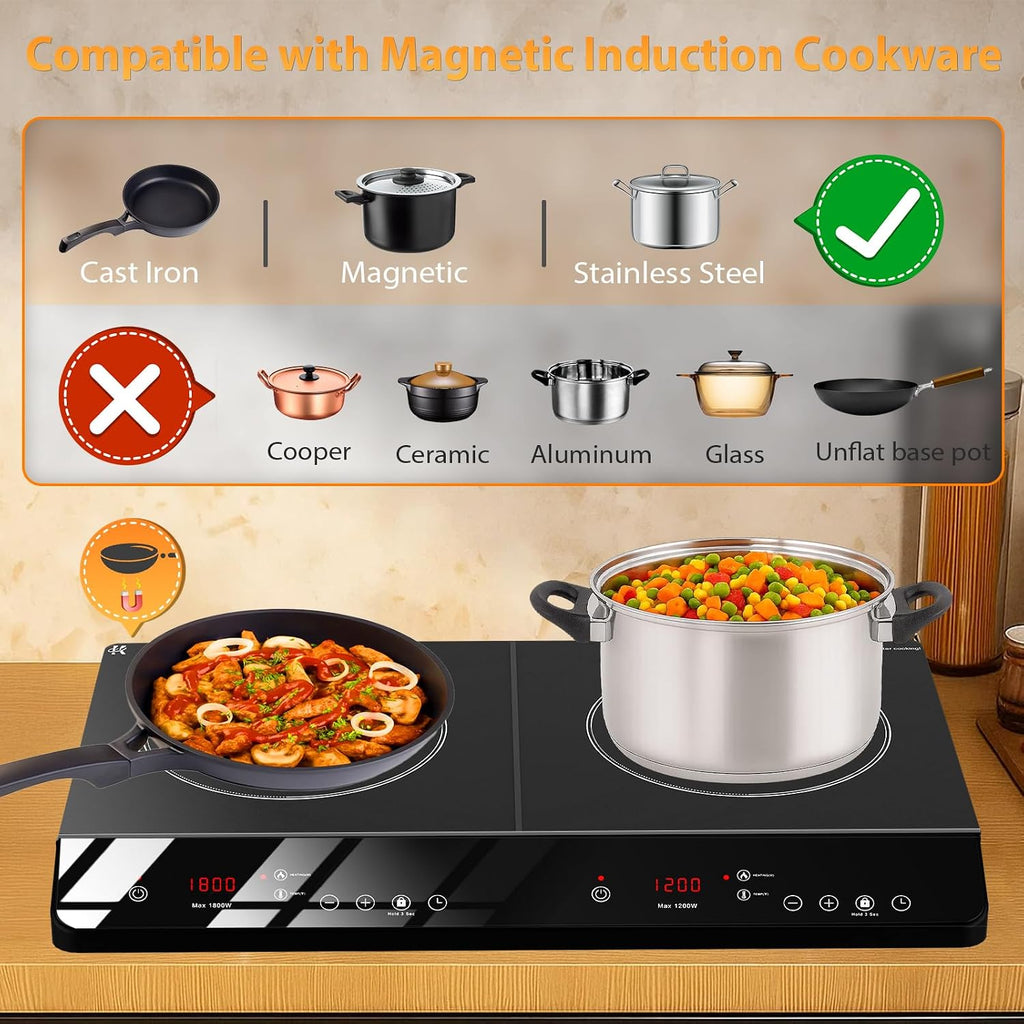 Countertop Induction Cooktop 2 Burners Stove 1800W, 110V Plug in | Double Burner Independent Touch Control, 180 Mins Timer, Child Lock, 9 Temp & Power Level Adjustable, Portable for Kitchen RV