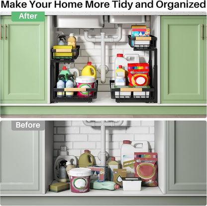 under Sink Organizer, 2 Tier under the Sink Storage, Slide Out Pull Out Cabinet Organizer Shelf, Metal Sliding Drawer for Kitchen Bathroom Pantry Closet Organization Rack, Black, 2 Pack