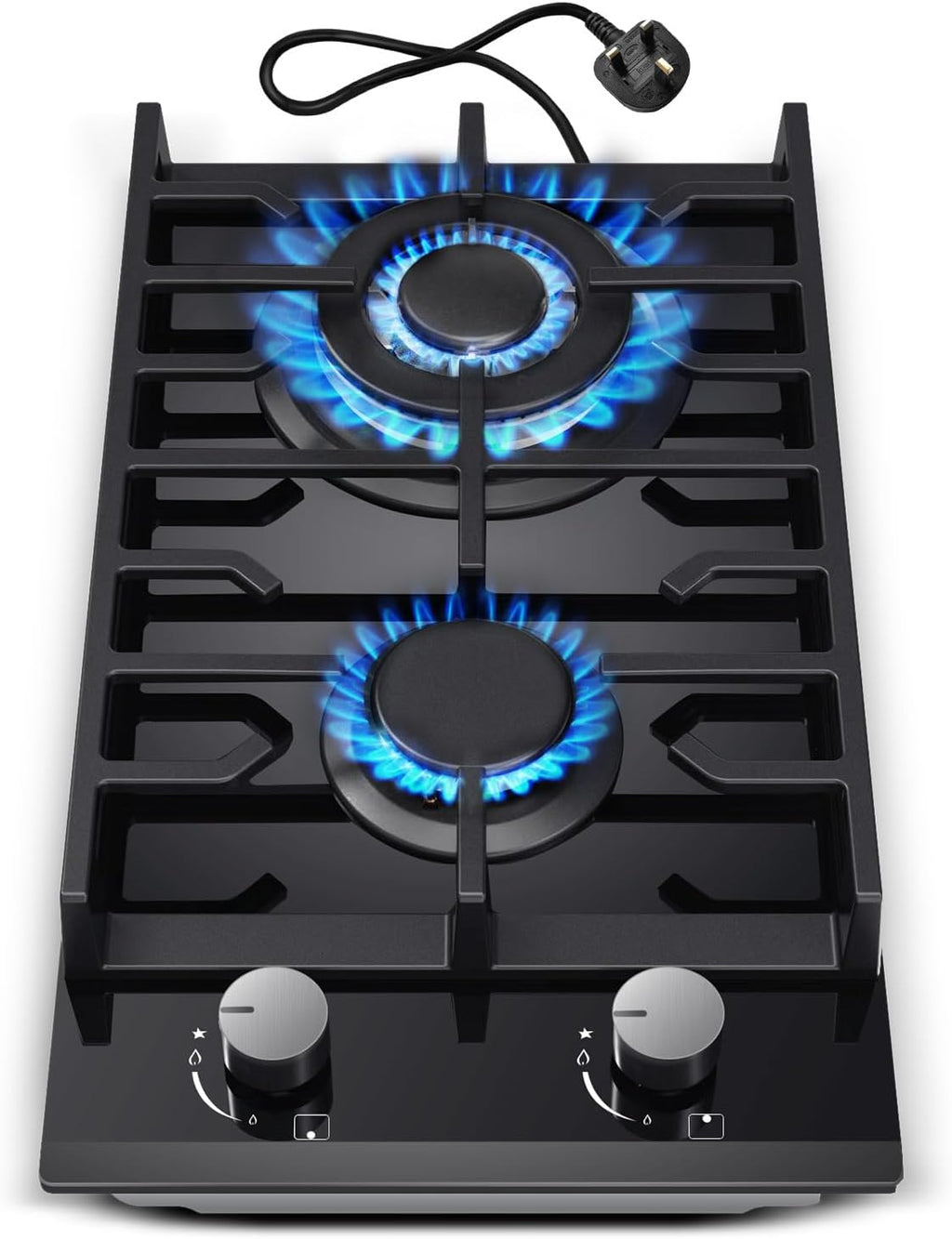 Gas Hob 2 Burners, 30Cm Built in 2 Burners Gas on Glass Hob, NG/LPG Convertible, Flame Out Protection, Cast Iron Supports, 5200W