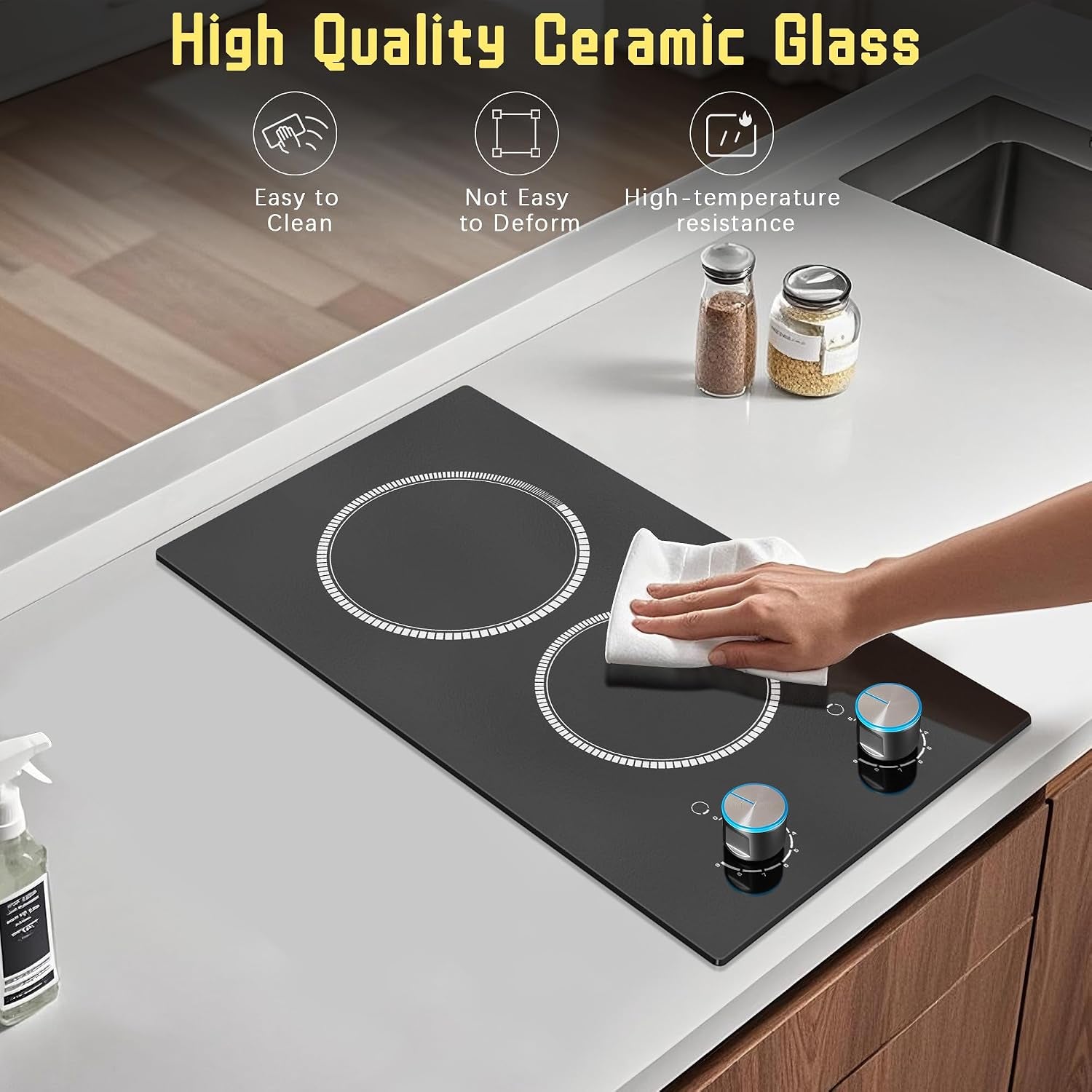 2 Burner Electric Cooktop 110V, Knob 12 Inch Electric Stove Top | 120V Stove Top Burner Knob Control, 2000W Countertop Stove, Timer, 9 Heating Levels, Overheat Protection, High-Temp Alarm