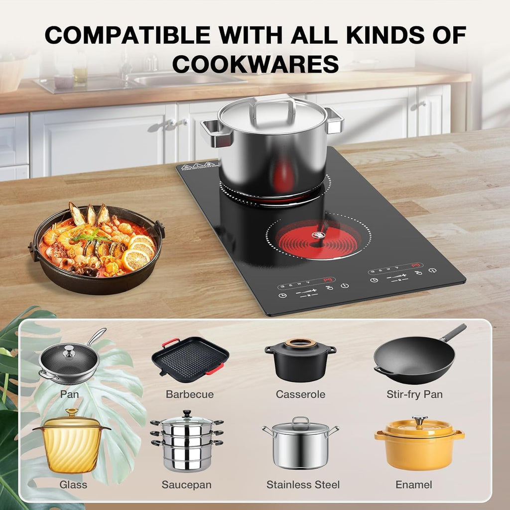 Double Ceramic Hob 3000W, Plug in 2 Ring Electric Hob with LCD Touch Control, Electric Cooktop with Safety Lock & Timer, 9 Power Levels, Built-In and Countertop 220V-240V