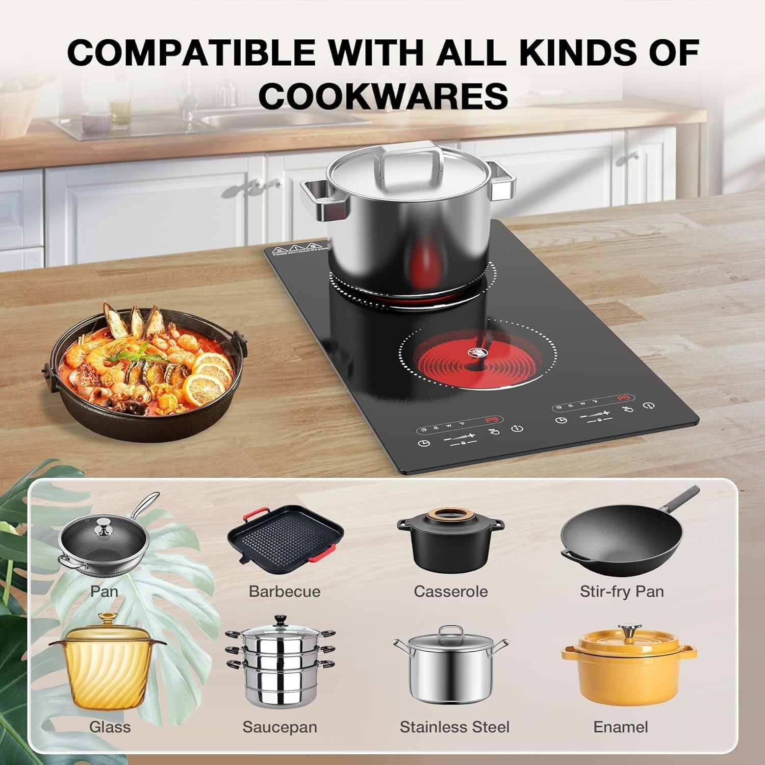 Double Ceramic Hob 3000W, Plug in 2 Ring Electric Hob with LCD Touch Control, Electric Cooktop with Safety Lock & Timer, 9 Power Levels, Built-In and Countertop 220V-240V