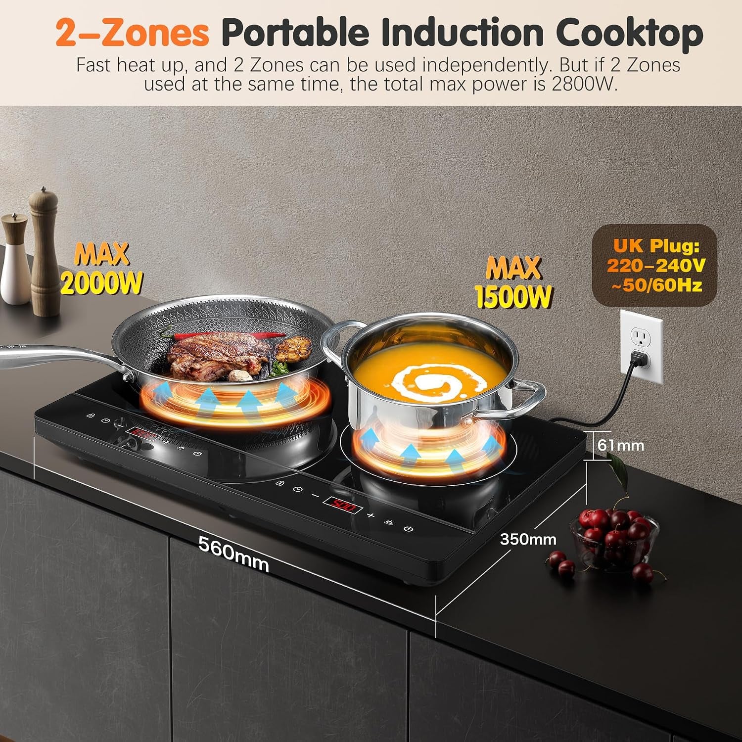 Double Induction Hob, Portable Induction Cooker, Black Glass Plate, 2800W, Independent Touch Control, 8 To10 Power Levels,10 Temperature Setting, 3 Hour Timer, Child Safety Lock, with Plug